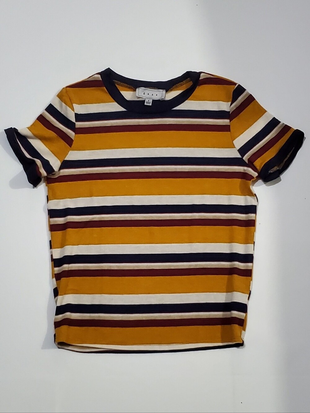 Women knite short sleeve sweater Striped Tee in Mustard, Navy & Cream Casual Top